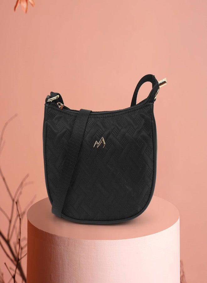 Metro Women Black Casual Fabric Soft Body Zipper closure Quilted Sling Bag (66-777) - Image 2